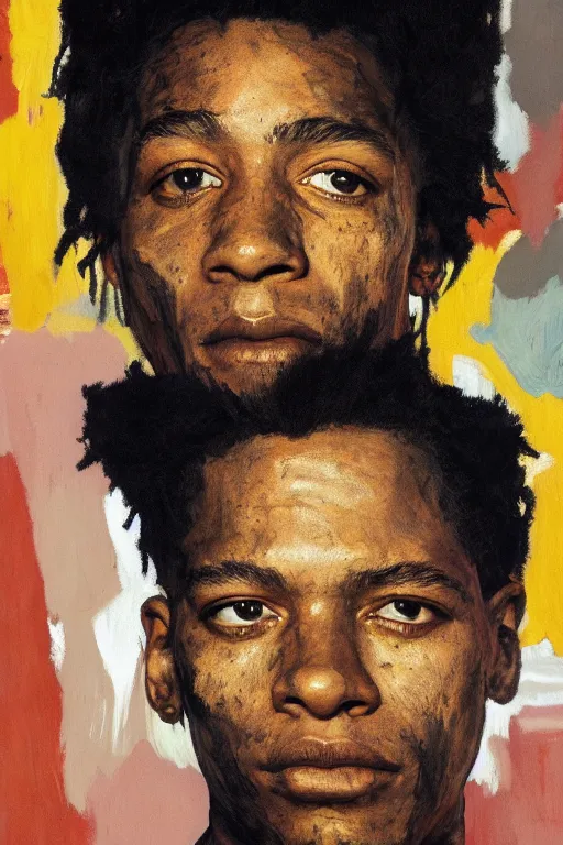 Image similar to portrait of Jean Michel Basquiat outside during golden hour, intricate, elegant, dramatic lighting, rugged face, highly detailed, lifelike, photorealistic, digital painting, artstation, illustration, concept art, smooth, sharp focus, art by John Collier and Albert Aublet and Krenz Cushart and Artem Demura and Alphonse Mucha