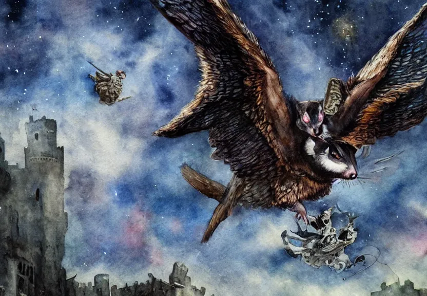 Image similar to Threatening winged possum flying over a medieval castle under a dark starred sky, dark fantasy, watercolor, dreaming illusion, highly detailed, 4k, trending on Artstation, award-winning