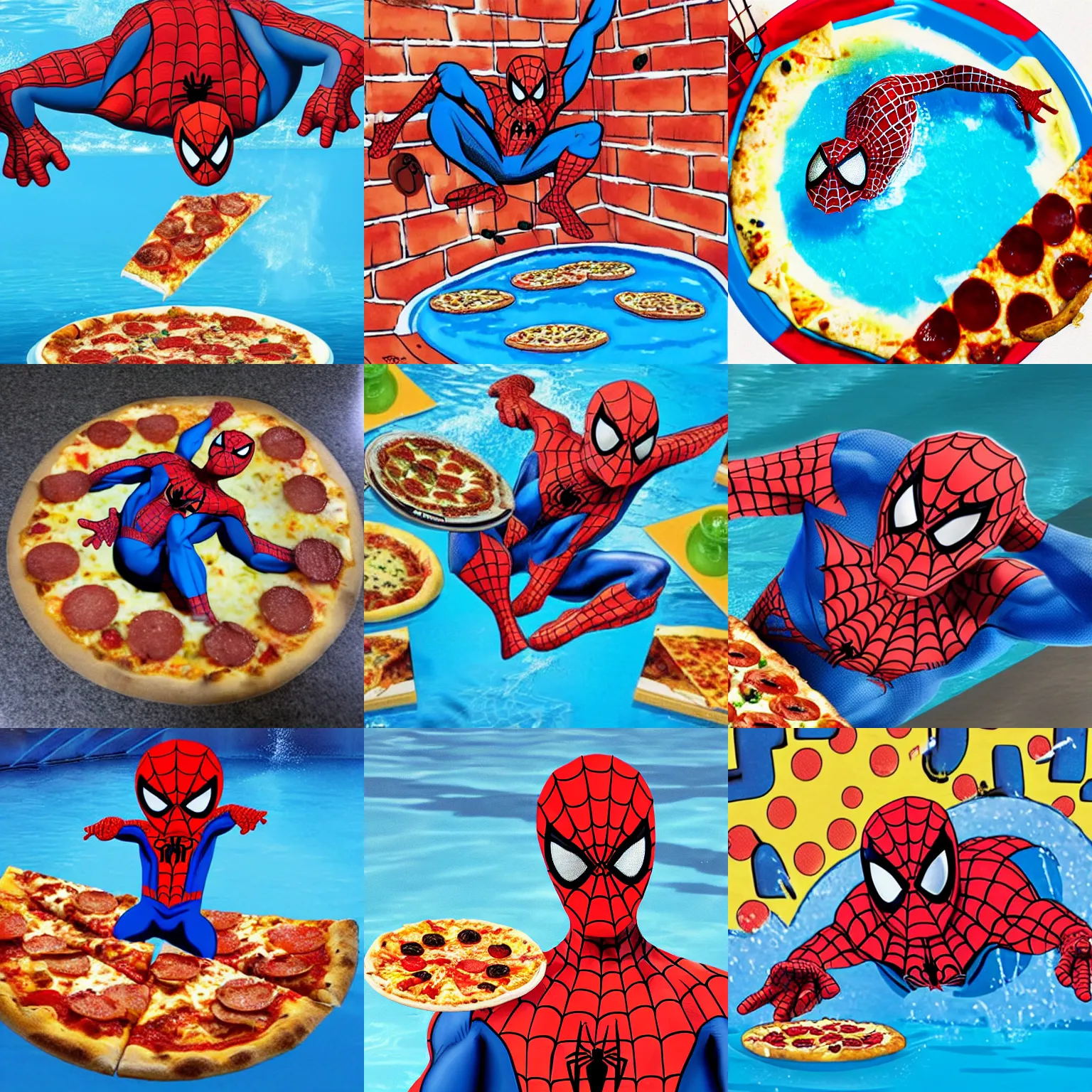 Prompt: spiderman swimming in a pool with pizza