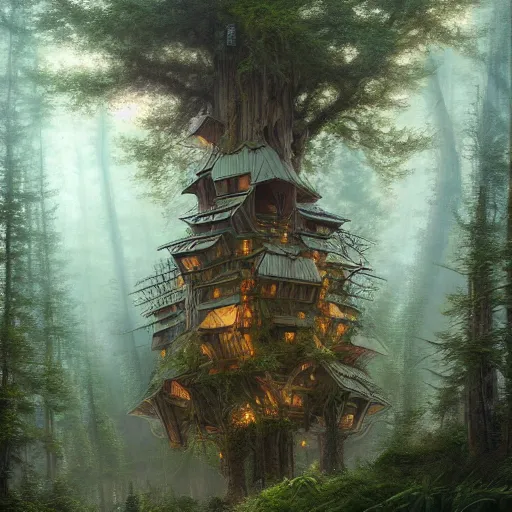 Prompt: a suspended wooden village in a forest of giant large tall trees, ultra detailed, by tomasz alen kopera and peter mohrbacher, and michel - ange, artstation 8 k