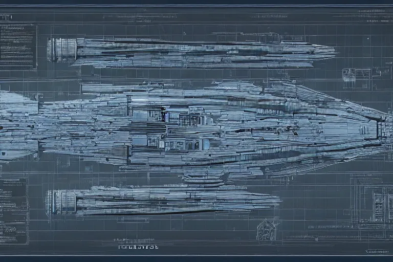 Prompt: Impressively detailed blueprint of a futuristic spaceship made in the Medieval style, trending on artstation, high details, tubes and pipes and wires and a lot of other small details, perfect composition, golden ratio