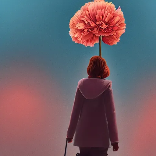Image similar to giant carnation flower head, woman walking in a metro station, surreal photography, dramatic light, impressionist painting, digital painting, artstation, simon stalenhag
