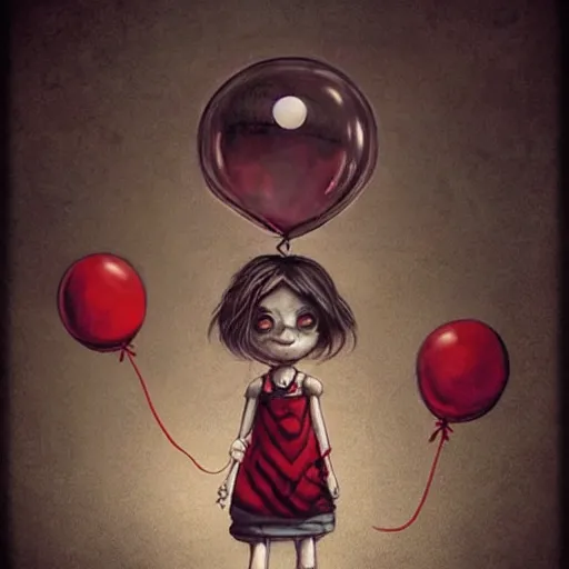 Prompt: surrealism grunge cartoon sketch of a sad little girlwith a wide smile and a red balloon by - michael karcz, loony toons style, horror theme, detailed, elegant, intricate