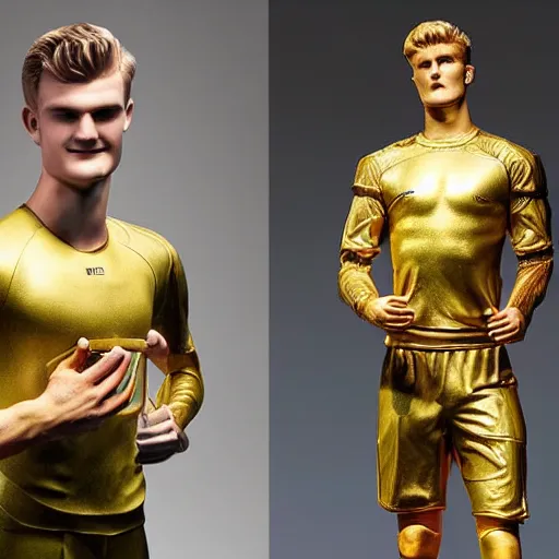 Image similar to a realistic detailed photo of a guy who is an attractive humanoid who is half robot and half humanoid, who is a male android, soccer players martin ødegaard & timo werner, shiny skin, posing like a statue, blank stare, in a living room, on display, showing off his muscles, gold soccer shorts, no jersey, statue, many copies of them