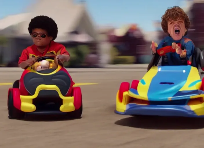 Image similar to peter dinklage racing emmanuel lewis driving a little tikes cars, movie still, from the new fast and furious movie, 8 k, realistic