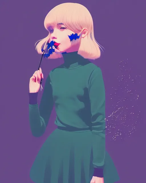 Image similar to digital illustration of pretty girl sabrina with short blonde hair wearing a sweater, from alice in wonderland, smoking, in a wonderland forest at night, by ilya kuvshinov, lois van baarle, rossdraws, basquiat