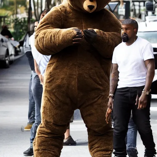 Prompt: Kanye West in a giant bear suit