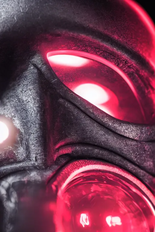 Image similar to closeup shot of a carbon black cyborg, macro shot, dof, cinematic, volumetric lighting, studio shot, red light, 4 k