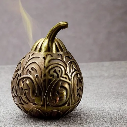 Prompt: A metal incense burner made of copper in the shape of a gourd.