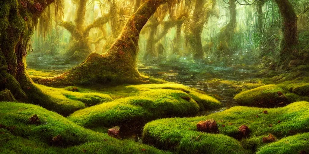 Prompt: gorgeous fields of moss landscape with glistening water, magical forest, brightly colored, magical, fantasy, landscape, beautiful, intricate details, highly detailed, sharp focus, concept art, digital painting, trending on artstation, still, screenshot, photo, photograph, in the style of Manuel Vormwald