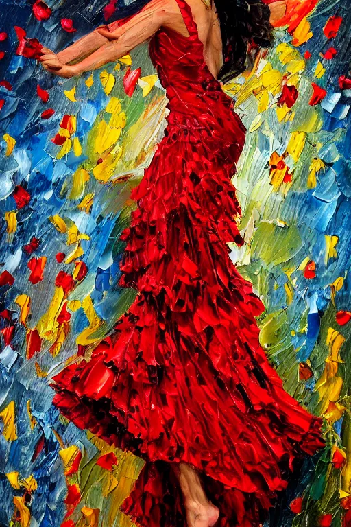 Prompt: abstract oil painting of spanish flamenco dancer in mallorca wearing a red dress made of flowers that's on fire, dimly lit by candles on the ground, looking away, dark shadows, photo realistic, extreme detail skin, no filter, slr, 4 k, high definition