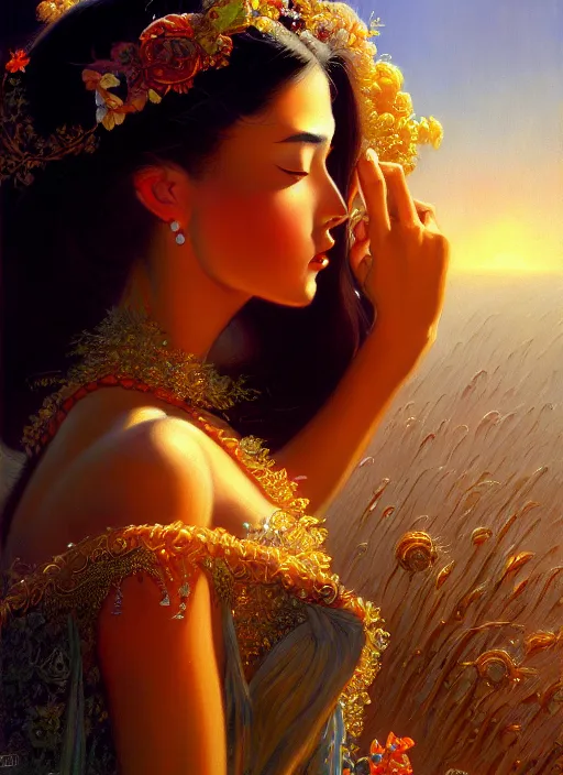 Prompt: extra perfectness women, sweetest face, close - up, expansive dress with treasure's, gorgeous, extremely high details quality, bao phan, viktor safonkin, bruce pennington, larry elmore, norman rockwell, intricate, hyperrealistic oil painting on canvas, deep depth field, hd, hdr, 4 k, 8 k