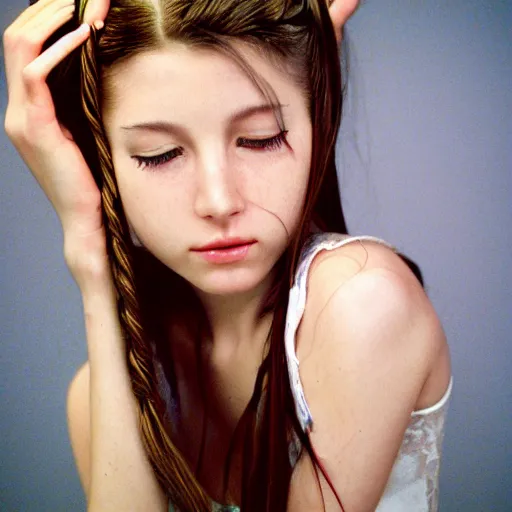 Prompt: realistic aerith from final fantasy 7, photographed by Terry Richardson