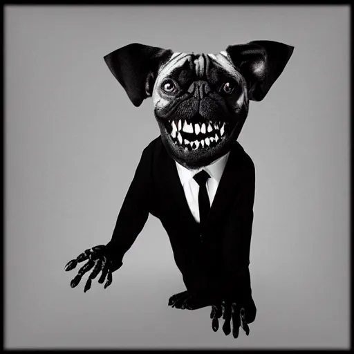 Prompt: a monster dog in a suit, nightmare, black and white