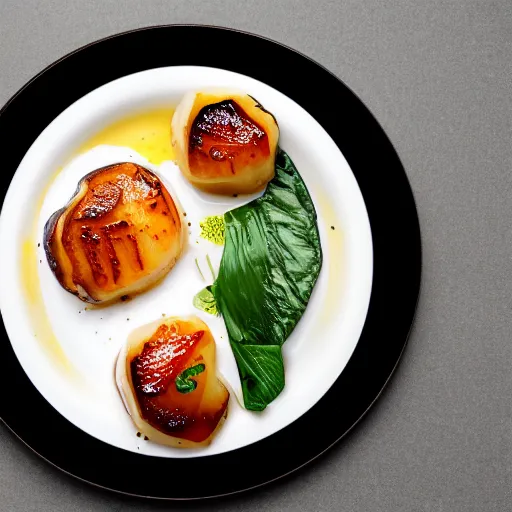 Image similar to miso glazed scallop main dish plated for michelin star, overhead shot, nikon d 7 3 0