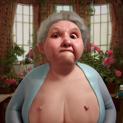 Prompt: of a very funny scene. ambient occlusion render. a sweet fat old woman is in kissing her huge belly. flowery dress. mirror. symmetrical face, red mouth, blue eyes. deep focus, lovely scene. ambient occlusion render. concept art. unreal engine.