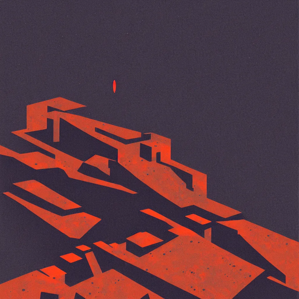 Prompt: mars by, mads berg, karolis strautniekas, film noir, stippled light, dramatic lighting, editorial illustration, detailed, fine texture, matte print, art deco, brutalism, dark blue + dark orange, red, black, ( ( habitat 6 7 background ) )