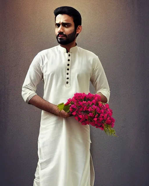 Image similar to a guy in a kurta waiting for his love to come, holding flowers, art by salman toor. faithfully depicted facial expression, perfect anatomy, sharp focus, global illumination, radiant light, detailed and intricate environment, trending on artstation