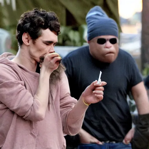 Image similar to james franco smoking a joint with an ape, award winning photography