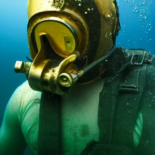 Image similar to a head and shoulders portrait of a man with an old gold diving helmet on underwater in murky water.