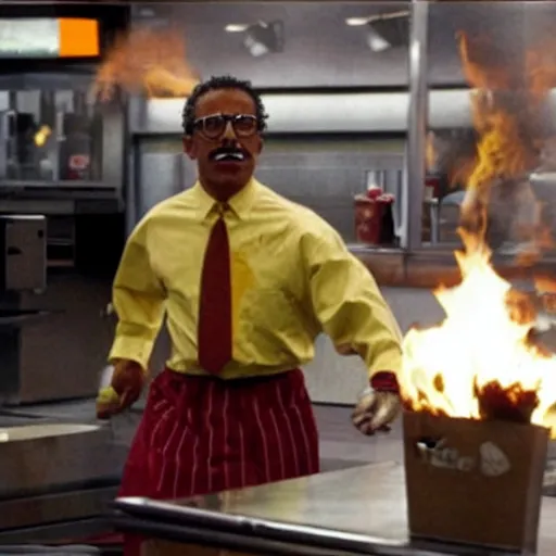 Image similar to Gustavo Fring sets fire to a KFC restaurant