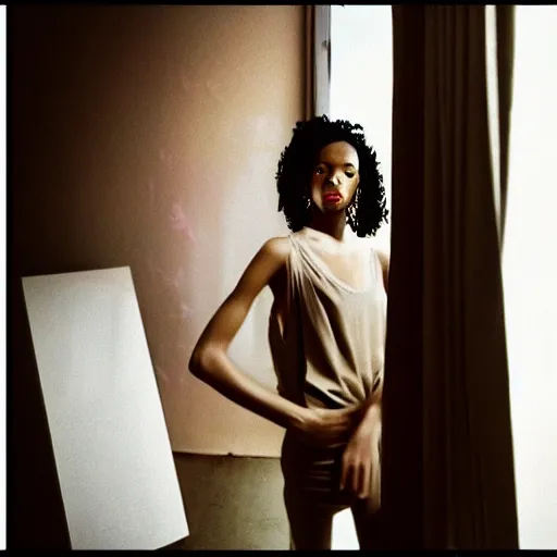 Image similar to realistic!!! photoshoot for a new dior lookbook, color film photography, portrait of a beautiful woman, location in a apartment, in style of tyler mitchell, 35mm
