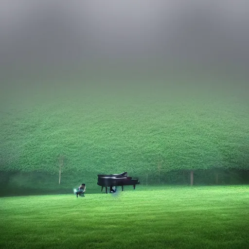 Prompt: a giant grand piano fading into the green fog, dramatic