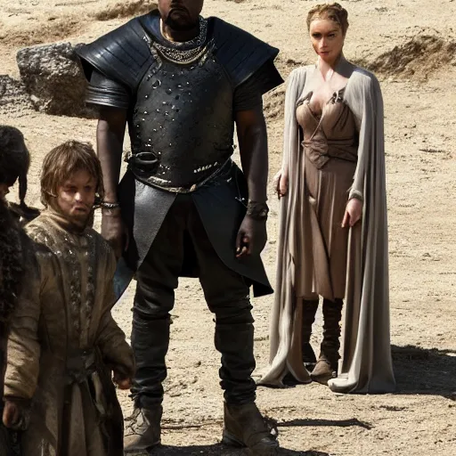 Prompt: kanye west in the background of a game of thrones scene