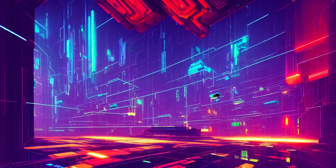 Image similar to a chain of cyberpunk colorful cubes locked and interconnected with glowing tubes, blockchain, symmetry, intricate, volumetric lighting, beautiful, rich deep colors masterpiece, sharp focus, ultra detailed, in the style of john harris