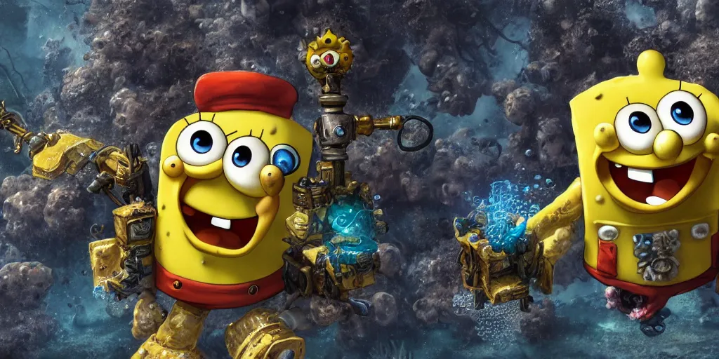 Image similar to portrait of sponge bob in Warhammer 40k armor. underwater. ultra high details. photorealistic. 8k, artstation trending.