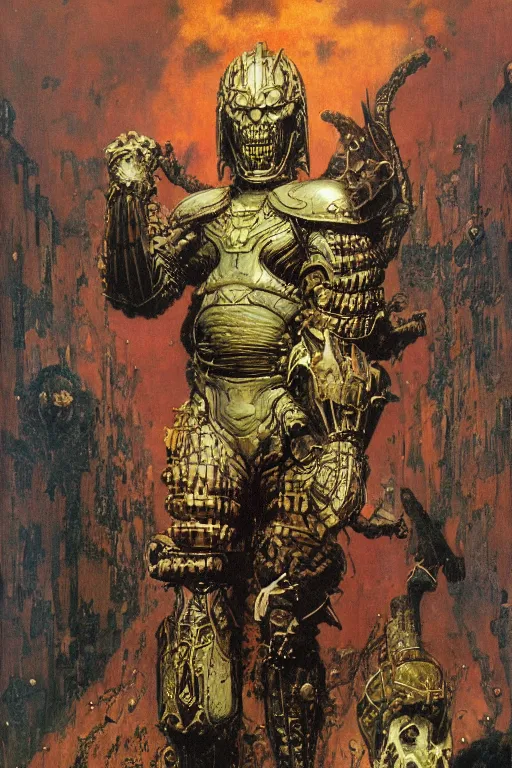 Image similar to full length portrait of giant dark evil armoured marvel supervillain, painted by lawrence alma tadema, zdzislaw beksinski, norman rockwell, jack kirby, tom lovell, alex malveda, greg staples