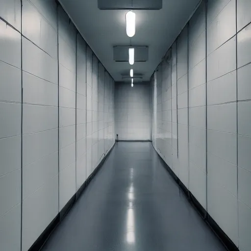 Image similar to noisy color photograph of a retrofuturist liminal space, laboratory, prison, clean, shiny floor, minimalist, beautiful shadows