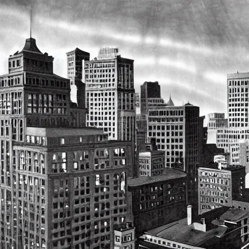 Image similar to full color ultra realistic photo of a balcony view of 1 9 2 5 boston downtown with a broken and distorted sky, dark, brooding, night, atmospheric, ultra - realistic, smooth, highly detailed