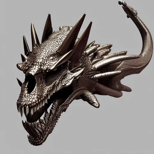 Image similar to high tech metallic dragon skull, futuristic, sci fi, yu-gi-oh 5ds, zbrush sculpt trending on artstation cgsociety, cad model, fusion360 highly detailed studio lighting 4k octane render