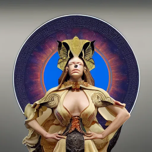 Image similar to portrait of sphinx a guardian figure, the protector of the pyramids, and the scourge of the enemies of Re, the sun god. made with porcelain by Jeff Easley and Peter Elson + beautiful eyes, beautiful face + symmetry face + border and embellishments inspiried by alphonse mucha, fractals in the background, galaxy + baroque, gothic, surreal + highly detailed, intricate complexity, epic composition, magical atmosphere + masterpiece, award winning + trending on artstation