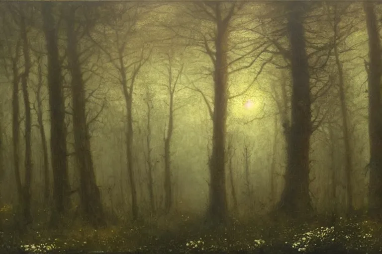 Image similar to dark and spooky painting of a forest dimly lit at night with tiny purple morning glory flowers trailing at the base of trees. foggy cinematic volumetric darkness, muted colour palette, detailed oil painting on canvas robert hughes, john everett millais