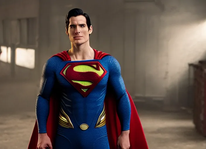 Image similar to film still of superman as a!!! skinny very skinny skinny slim weak man!!! in the new superman movie