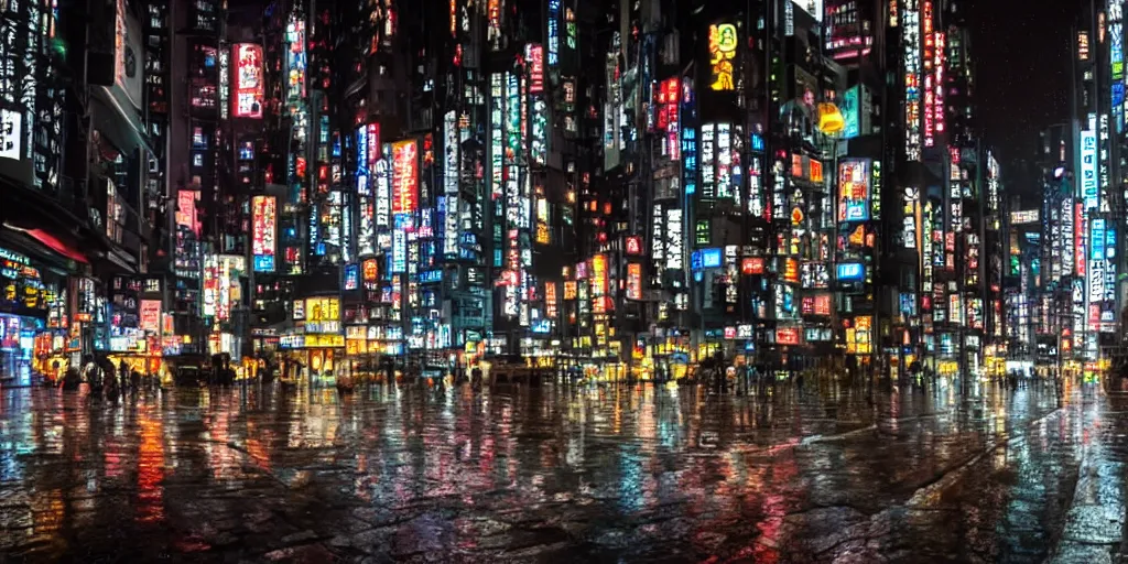 Prompt: underground dystopian city, Neo-Tokyo, at night, rain