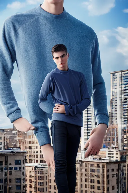 Image similar to un ultra high definition studio quality photographic art portrait of a young man standing on the rooftop of a british apartment building wearing soft padded silver pearlescent clothing. three point light. extremely detailed. golden ratio, ray tracing, volumetric light, shallow depth of field. set dressed.