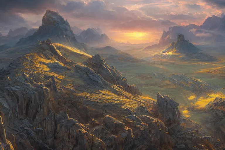 Image similar to high aerial shot, cinematic fantasy painting, dungeons and dragons, plains mountains and rivers, with sunset lighting ominous shadows by jessica rossier and brian froud cinematic painting