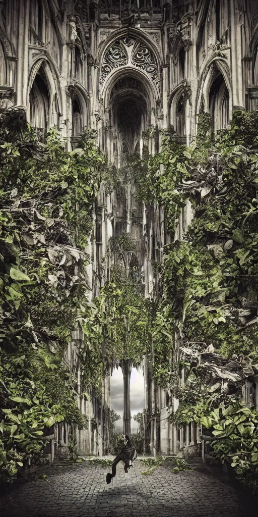 Prompt: extra wide view. Half human, half plant. marvellous magic plants. Ominous. Gothic medieval baroque. Dry ground cracks. Hyper-detailed. Hyperreal. Unreal render.. Photography