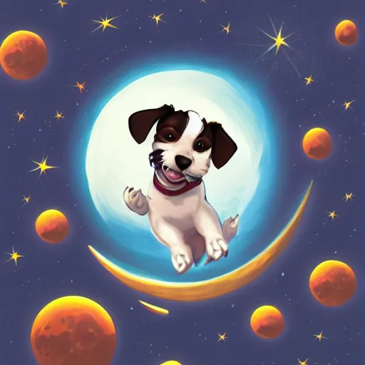 Prompt: cute jack black and white russel terrier jumping over the moon in the night sky, large round eyes, concept art, game art, character sheet, character design, by cory loftis and bill schwab