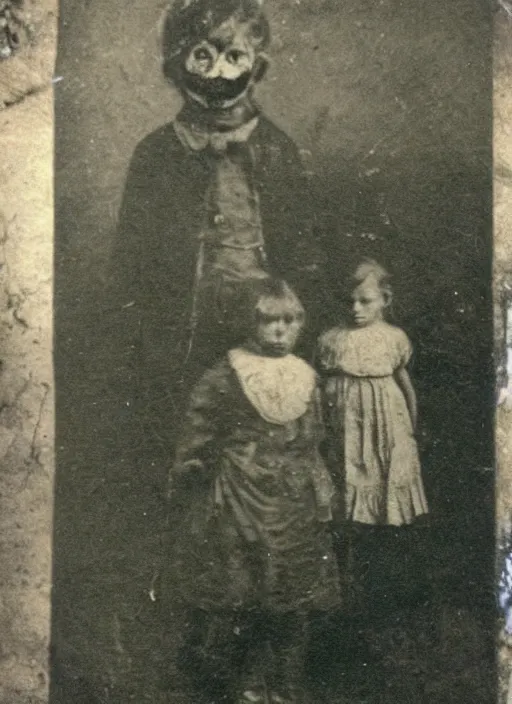 Prompt: old photograph of a victorian child surrounded by glowing shadow eyes, demons, ghosts, paranormal evidence in the background