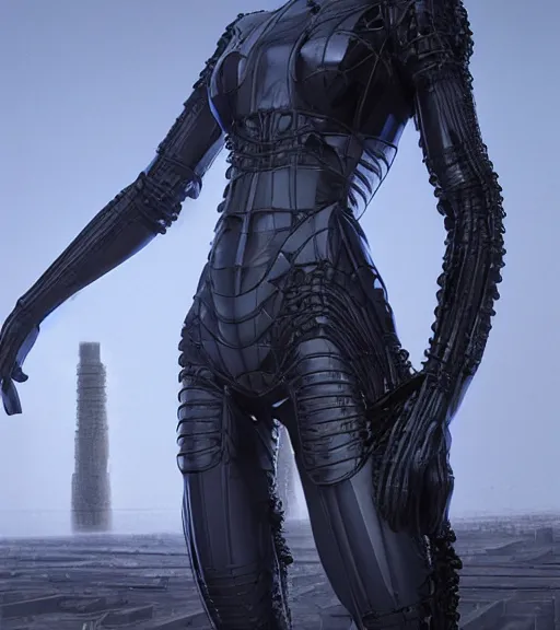 Image similar to tarkovsky's greatest scene, the ancient destroyed majestic tower of babylon, woman in gantz suit pro, futuristic cyber clothing, transparent puffer jacket, hyperrealistic, blockchain, cyber world, ambient lighting, concept art, intricate suit, hyper detailed, smooth, dynamic volumetric lighting, octane, ray trace, cinematic, high quality, cgsociety