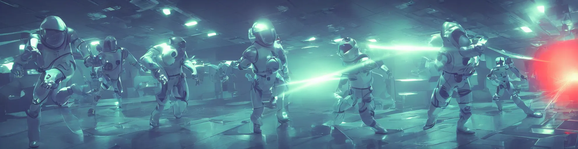 Image similar to futuristic spacemen firing lasers in zero gravity, skintight suits, floating polygon shapes as obstacles, surrounded by a laser grid, unreal engine, lensflare, glow, bloom, neon