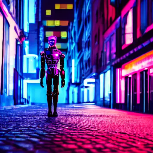 Image similar to cyberpunk robot walking alone down a deserted city street, neon lights, blue and pink lighting, Nikon 50mm camera,
