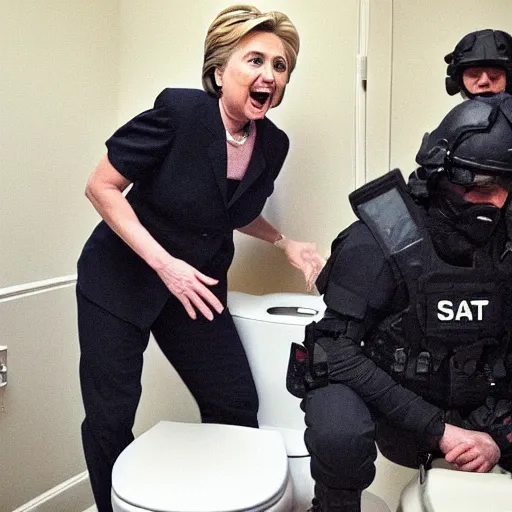 Prompt: hillary clinton getting raided by swat team while sitting on the toilet