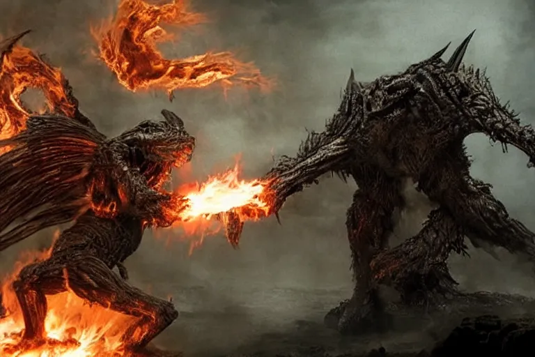 Image similar to movie still, balrog fighting gandalf at the bridge of khazad - dum, style of h. r. giger, fiery, dark, realistic movie still, cinematic, cgi,