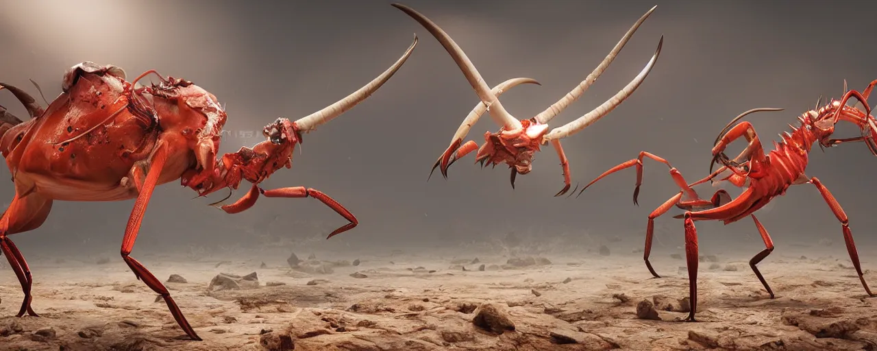 Prompt: creature design, an oryx gazelle with red crustacean carapace, fiddler crab claws, palp eyes, cryptid, cinematic lighting, octane render, cinematic aura lighting, atmospheric, photorealistic, hyperdetailed 3 d matte painting, hyperrealism, hyperrealistic