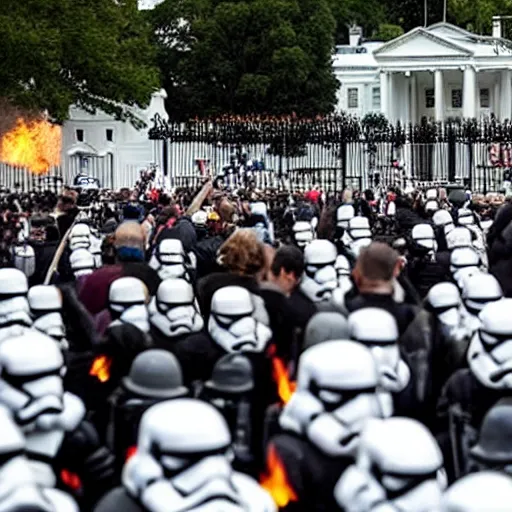 Prompt: a still candid image of hundreds of stormtropers rioting in front of a the white house in washington.!!!, flaming torches and pitchforks